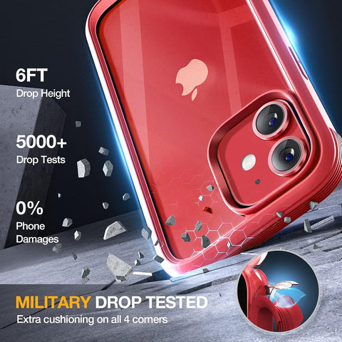 Miracase Glass Series for iPhone 12/12 Pro Case 6.1 inch, Upgraded Full-Body Rugged Phone Bumper Case Cover with Built-in 9H Tempered Glass Screen Protector and Camera Protector, Red