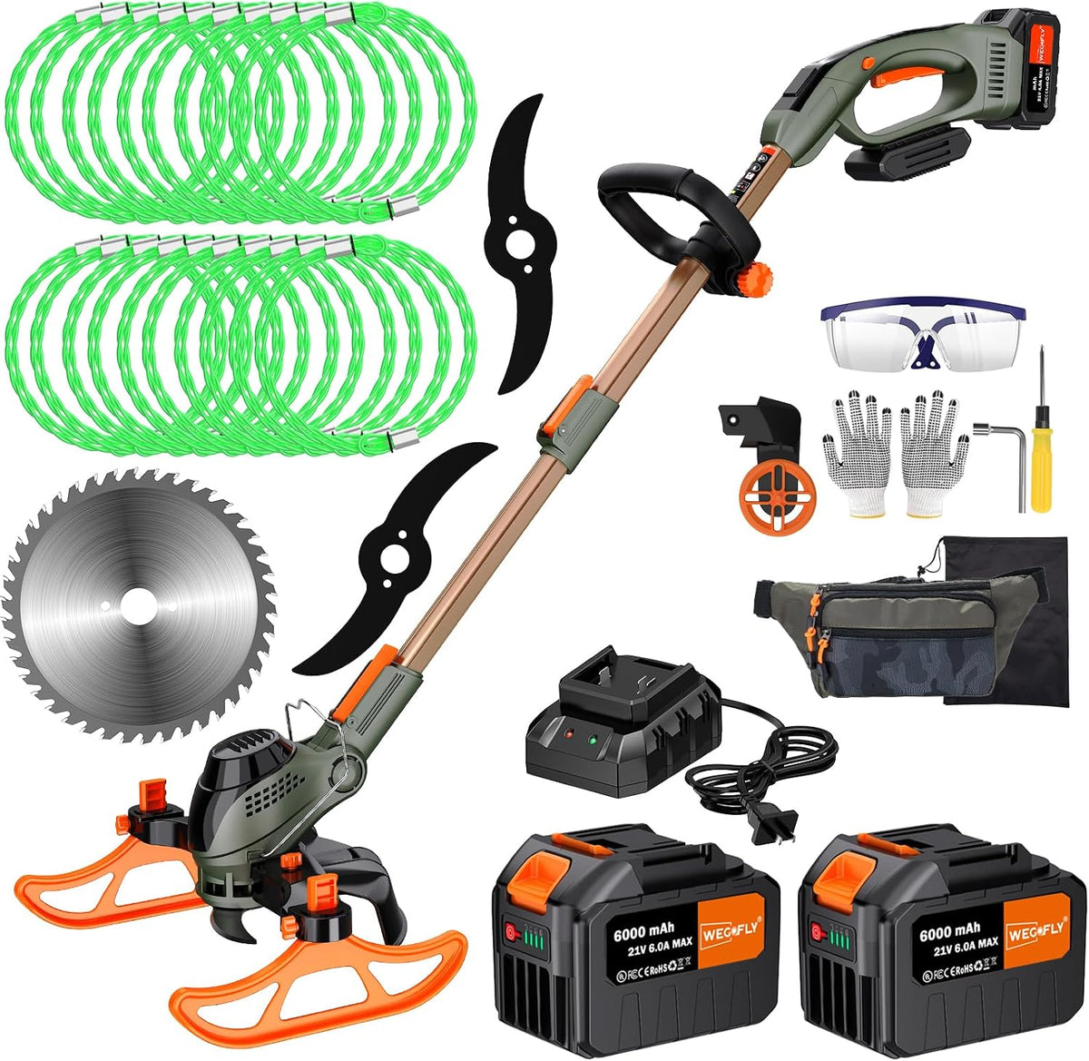 13" Electric Weed Wacker, 4 in 1 Cordless String Trimmer/Lawn Edger/Lawn Mower/Brush Cutter with Steel Gears, 2×21V 6.0Ah Batteries & Charger, 5.2 LBS Lightweight Grass Trimmer for Yard Garden