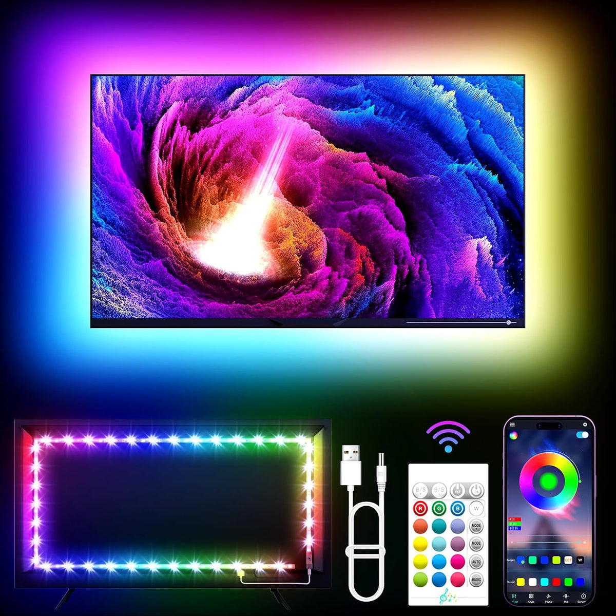 KANTUTOE TV LED Lights, 11.5ft LED Lights for 32-55 Inch TV, RGB TV Backlight Behind with Remote, Music Sync Bluetooth APP Control Strip Lights USB Powered for Bedroom, PC, Gaming Monitor