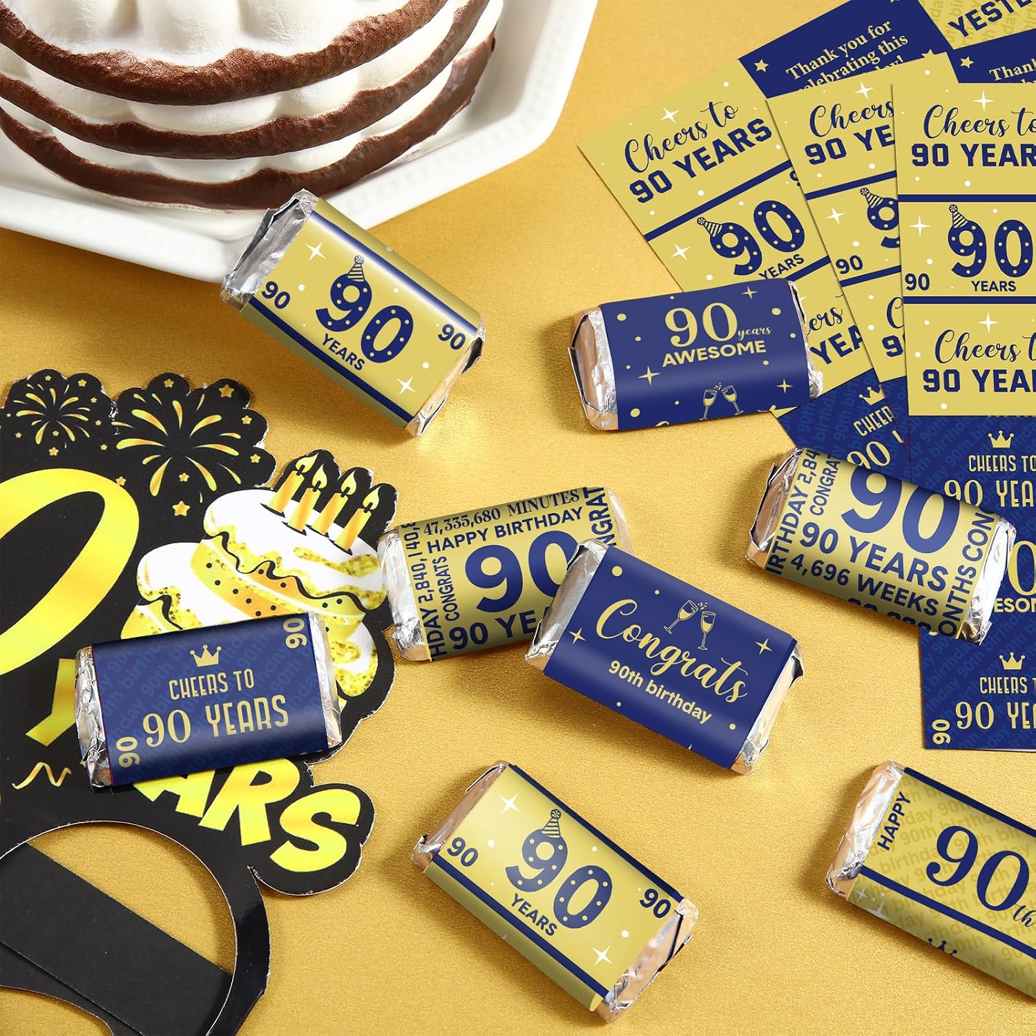 Tenare 90 Pcs 90th Birthday Candy Wrappers, Blue and Gold Stickers