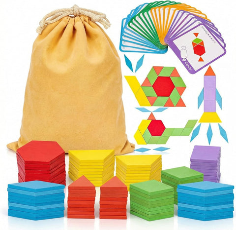 LovesTown 209 PCS Shapes Wooden Pattern Blocks for Kids