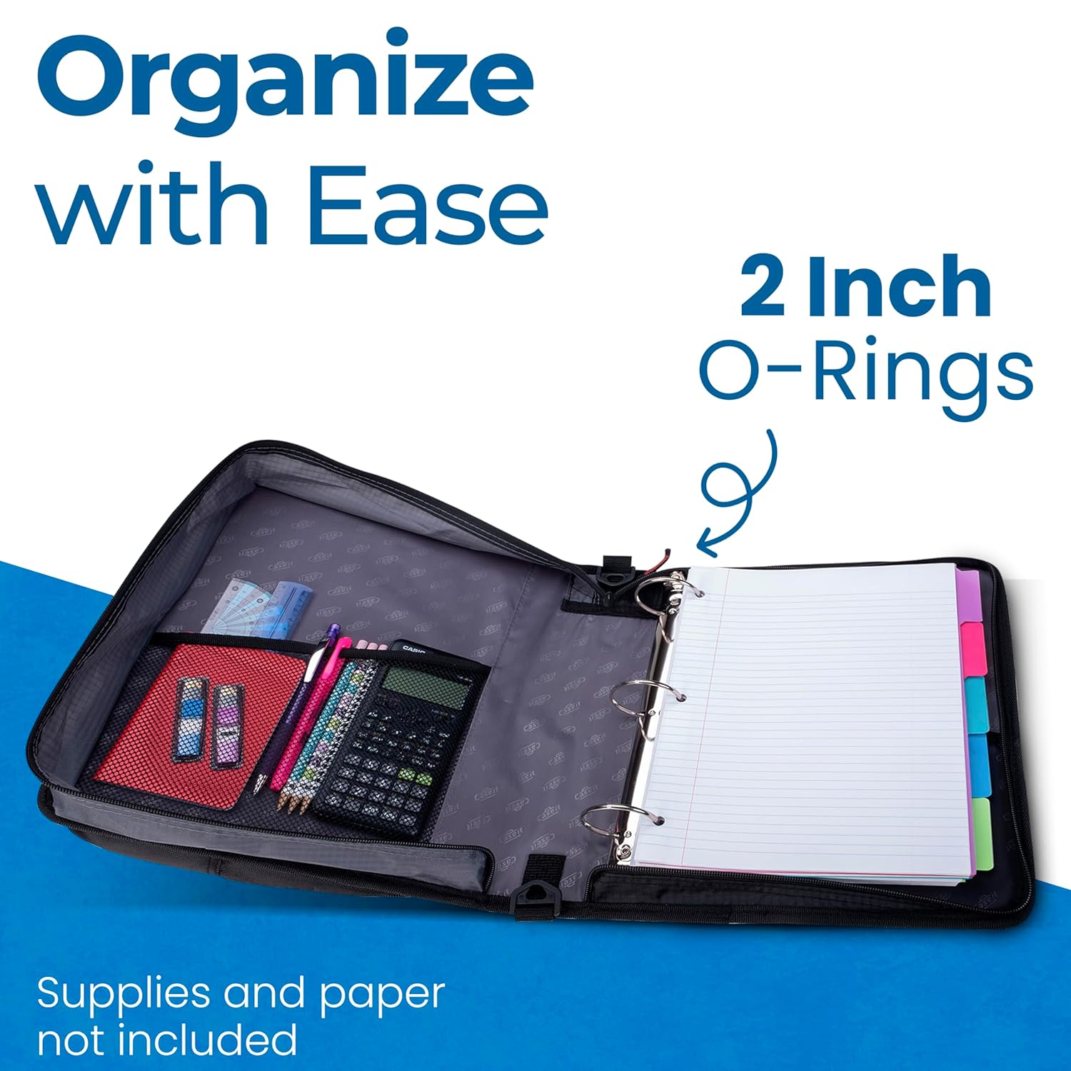 Case-it School Zipper Binder | 2" O-Rings | 400-Sheet | LT-007 Jet Black