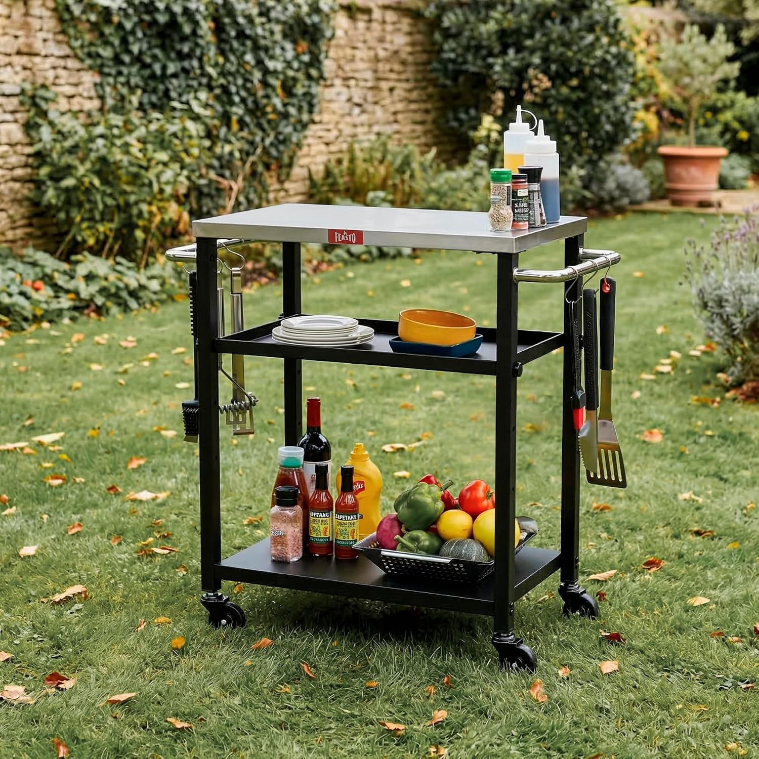 Feasto 3-Tier Outdoor Grill Cart, 26.6" x 16.1" Rolling Pizza Oven Table