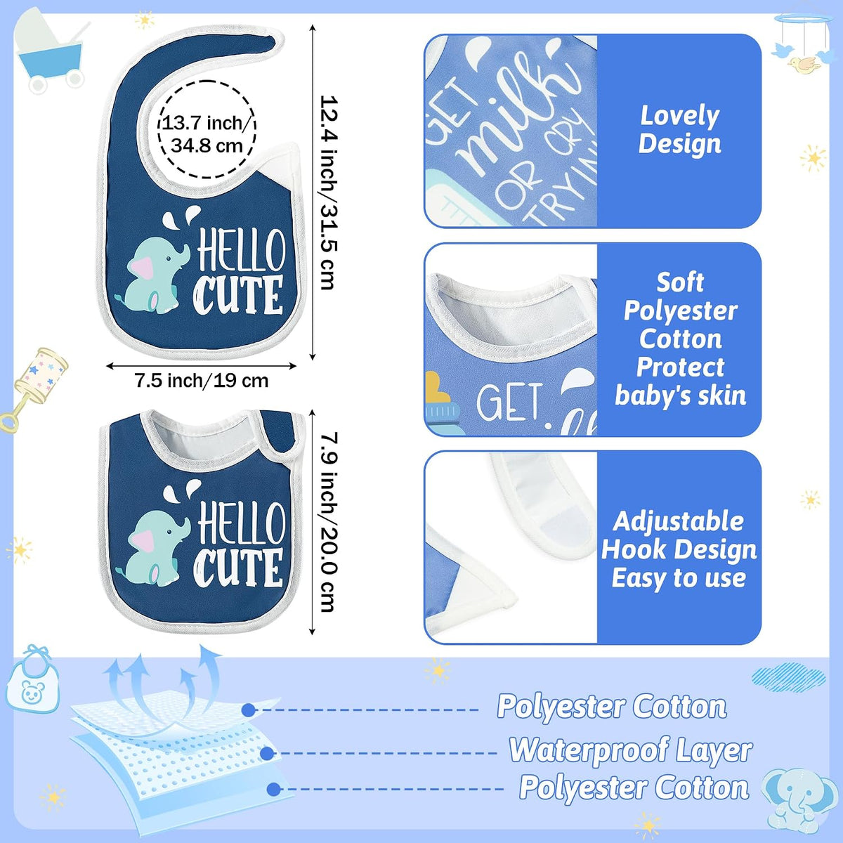 7Pcs Cotton Waterproof Baby Bibs Hook Loop Closure Newborn Bib Keepsake Baby Gift for Drooling Feeding Eating