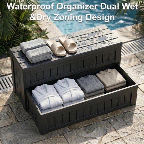 Plastic Hot Tub Steps with Storage, Spa Steps Outdoor Stairs, 36.6 Inches Long - Non-Slip All Weather Top & Feet, 32 Gallon Capacity, Waterproof for Porch/RV/Deck, Sturdy Plastic Frame, Black