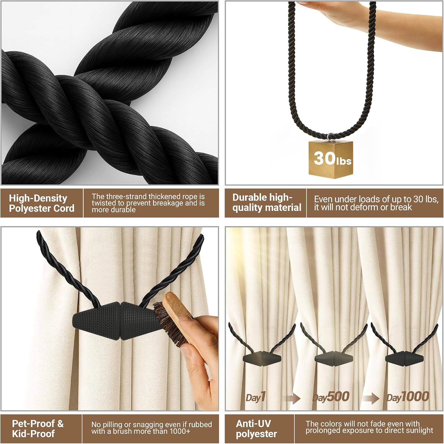 Hion Magnetic Curtain Tiebacks Black 2pcs, Curtain Holdbacks Hooks Holders