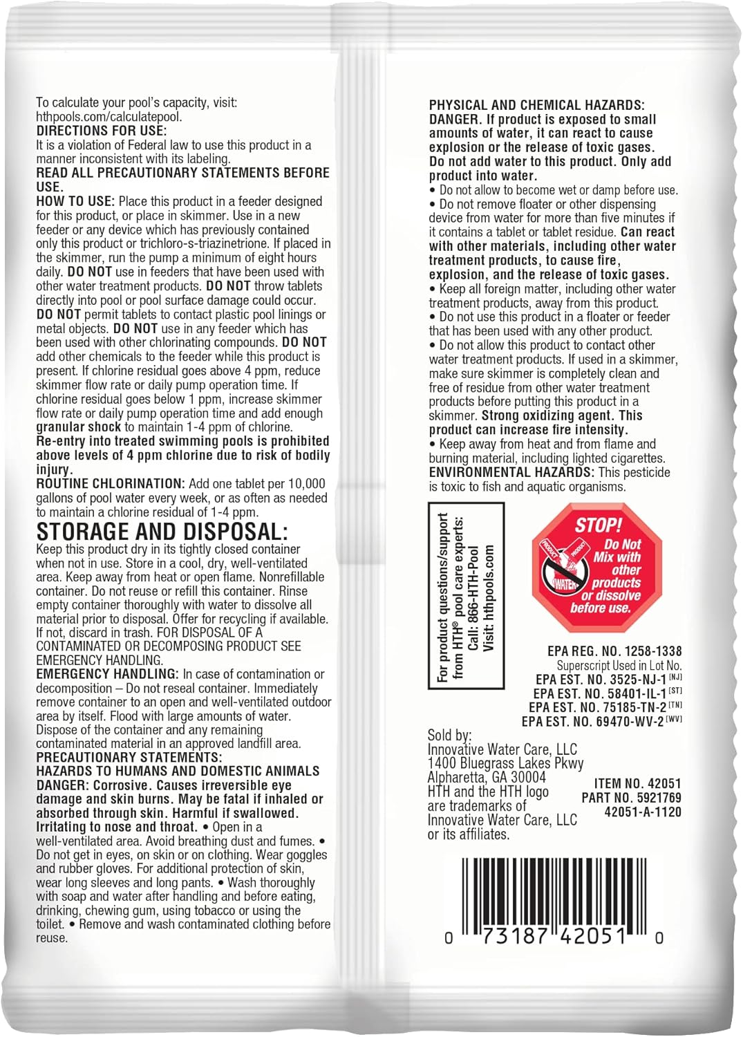 HTH 42051, Swimming Pool Care 3"" Chlorine Tabs Advanced, 8oz
