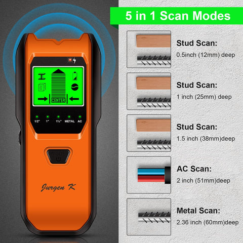 Stud Finder Wall Scanner, 5 in 1 Multifunction Stud Locator with Smart Sensor, HD LCD Display and Audio Alarm for The Center & Edge of Metal, Studs, AC Wire, and Pipe Detection (Tropical Orange)