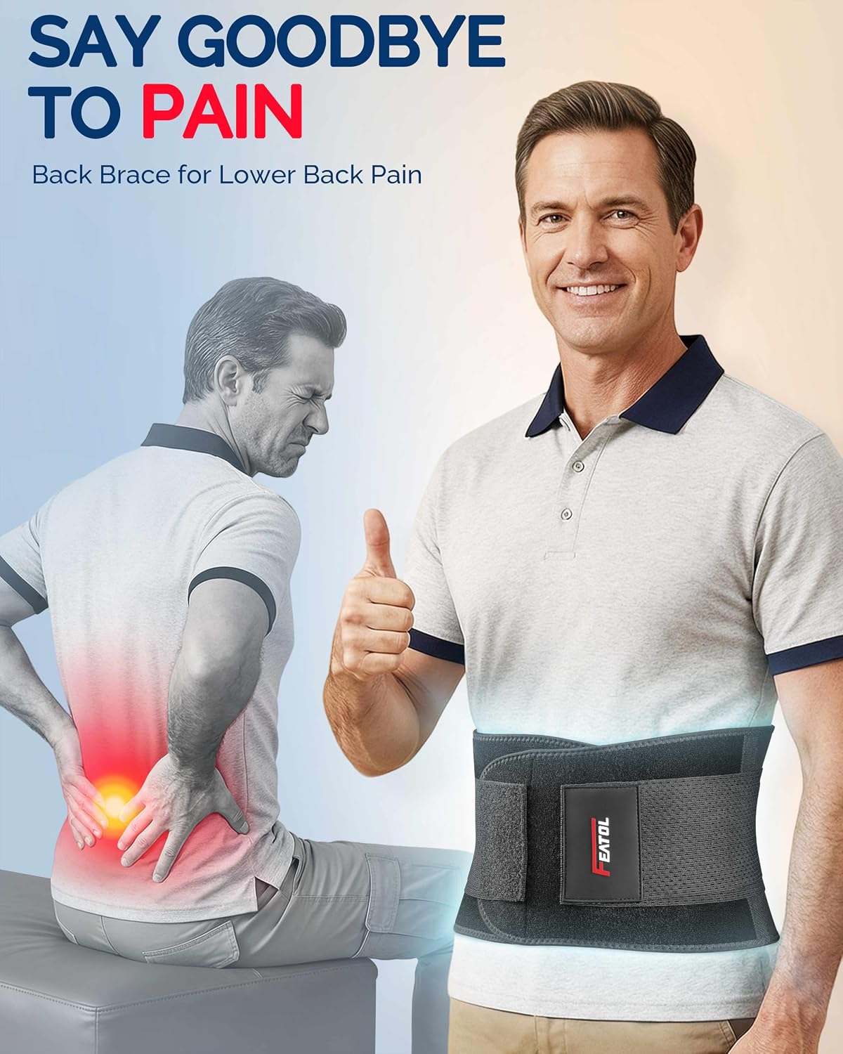 FEATOL 4XL Lumbar Support Belt for Men Heavy Lifting Work, Back Brace for Lower Back Pain, Breathable Support Belt with Lumbar Pad for Scoliosis, Herniated Disc, Sciatica (Fit Size:63''-68.9'')