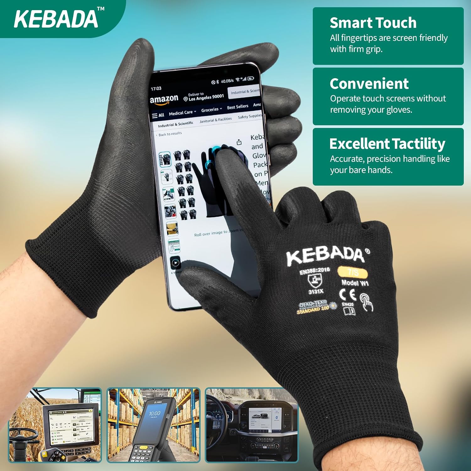 Kebada W1 Safety Work Gloves for Men & Women, Touchscreen, PU Coated
