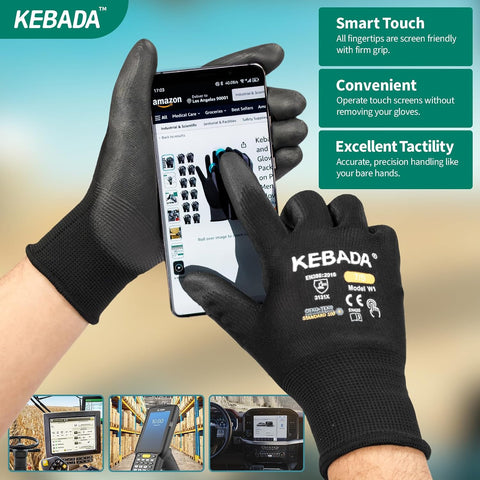 Kebada W1 Safety Work Gloves for Men & Women, Touchscreen, PU Coated