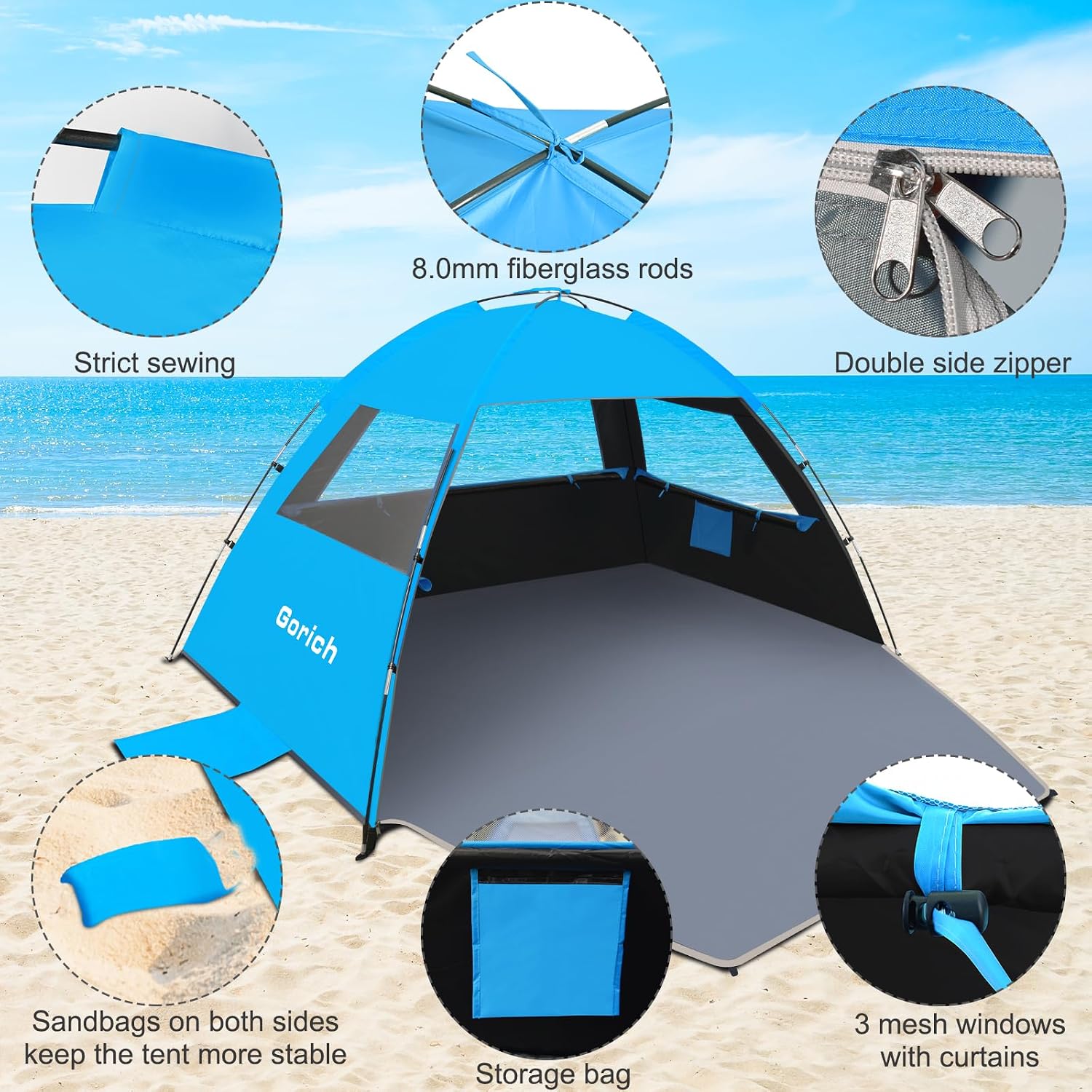 Gorich Beach Tent Sun Shelter for 3/4/6/8/10 Person with UPF 50＋ UV Protection, Lightweight & Easy Setup Beach Shade Canopy, Portable Beach Shade Tent Beach Cabana