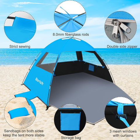 Gorich Beach Tent Sun Shelter for 3/4/6/8/10 Person with UPF 50＋ UV Protection, Lightweight & Easy Setup Beach Shade Canopy, Portable Beach Shade Tent Beach Cabana