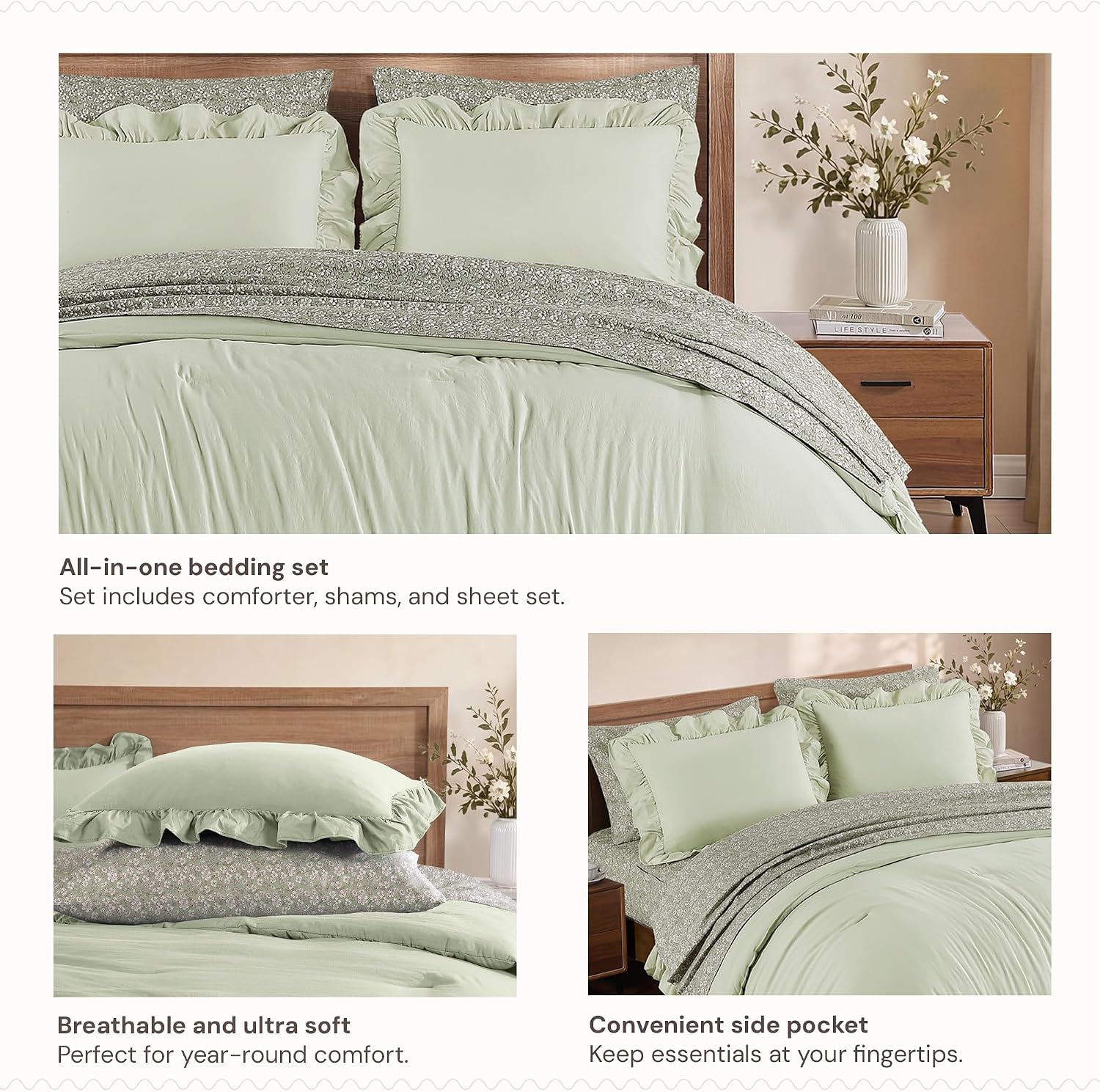 BLOOMHAVEN Full Size Comforter Sets-7 Pieces Ruffle Bedding Floral Sheet