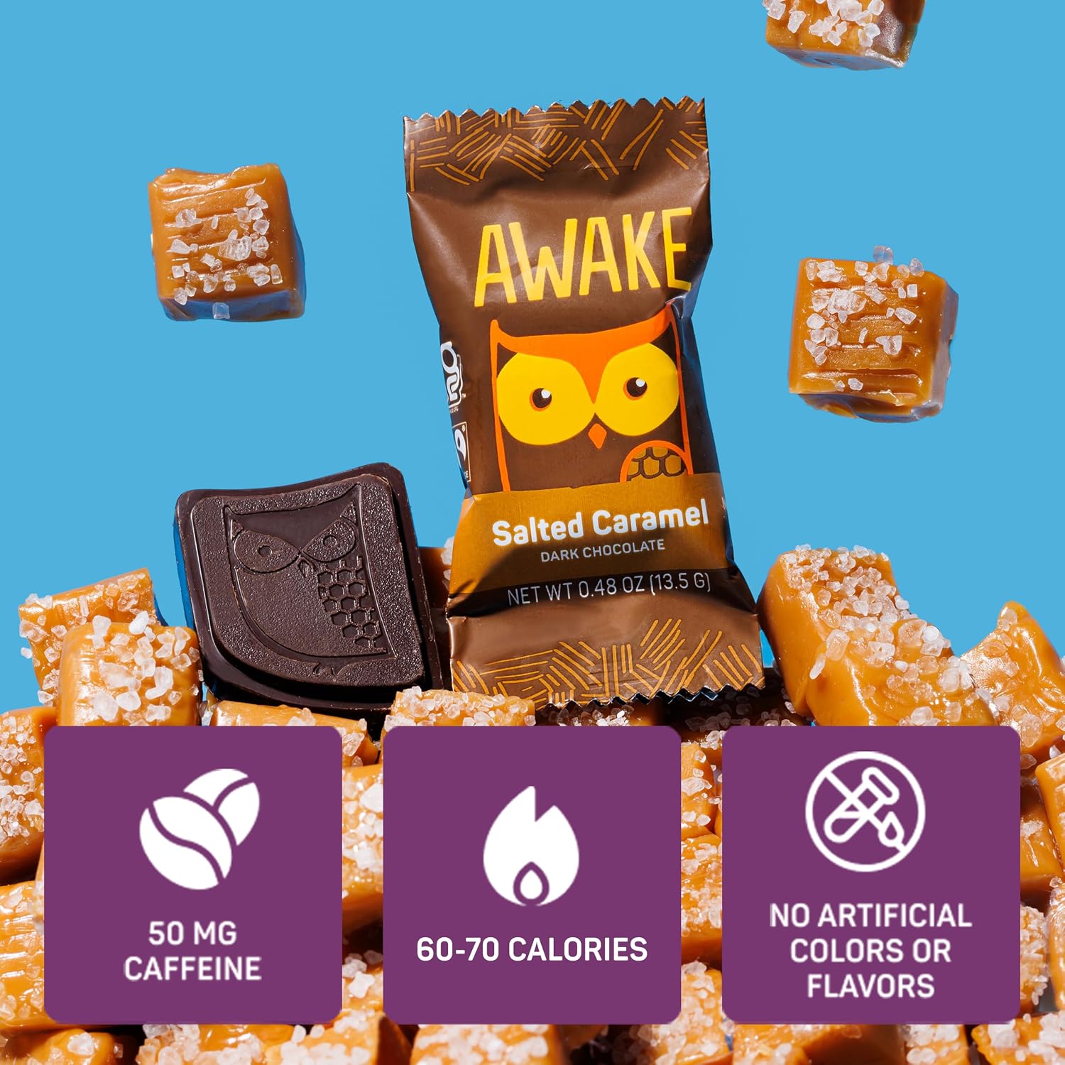 AWAKE - Caffeinated Chocolate Bites - USA Variety Pack (3 Flavors) 50 Bites - Dark, Salted Caramel, & Salted Almond - 50mg Caffeine - Coffee Alternative - Fairtrade - Gluten-Free - Non GMO - 0.48oz