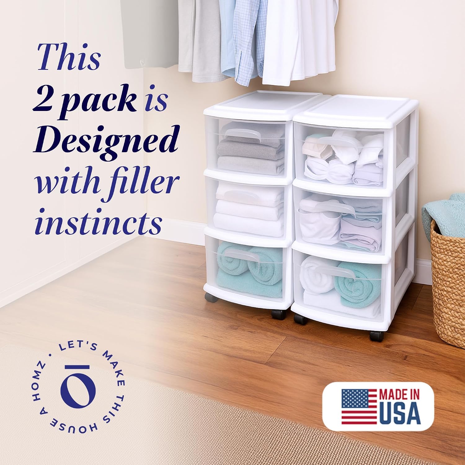 HOMZ Drawer Tower 3-Tier Storage Cart, Removable Wheels, White Frame,2 Pack