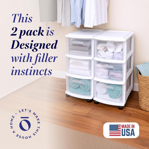 HOMZ Drawer Tower 3-Tier Storage Cart, Removable Wheels, White Frame,2 Pack