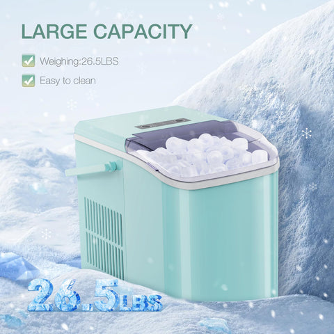 SMUG Countertop Ice Maker, 9 Cubes in 6 Mins, 26lbs in 24Hrs, 2 Sizes of Bullet Ice, Auto-Cleaning, Portable Ice Machine with Handle, Basket and Scoop for Home Kitchen, Party and Camping (Green)