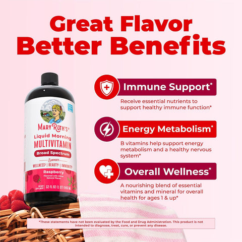 MARYRUTH'S Liquid Morning Multivitamin for Women, Men & Kids, 32 Servings