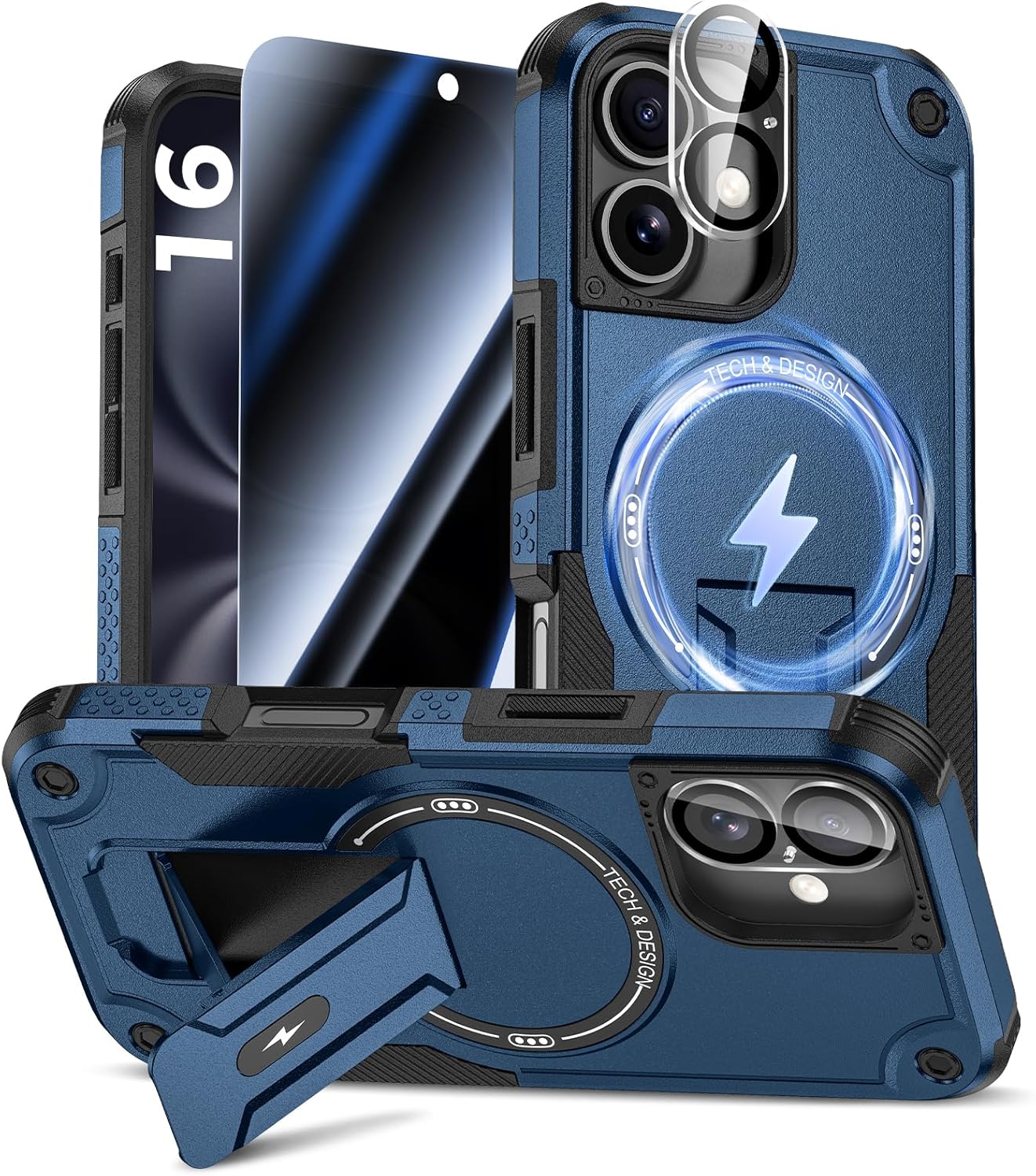 Goton 3 in 1 for iPhone 16 Case with Privacy Screen Protector Blue