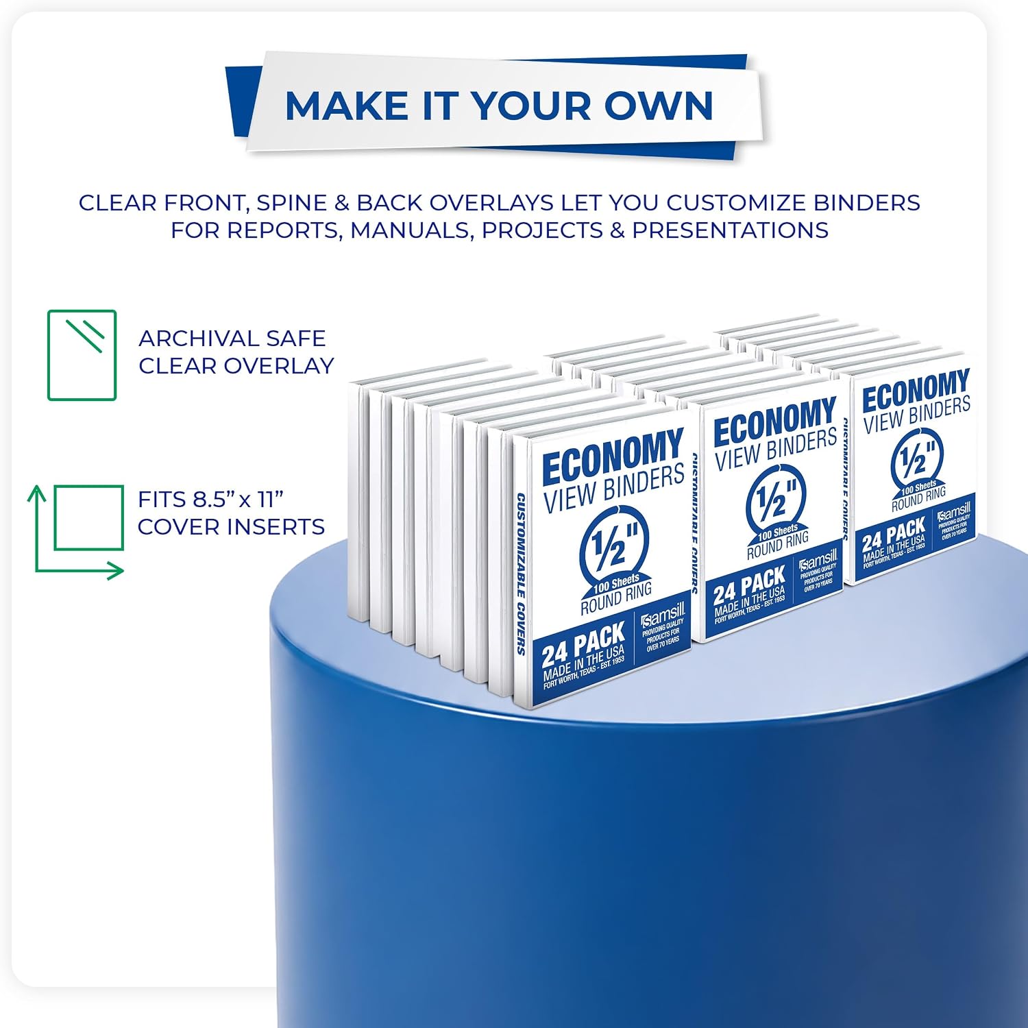Samsill Economy 0.5 Inch 3 Ring Binder Bulk Pallet, Round Ring Binder, Customizable Clear View Cover, White, Pallet of 768 Binders in 32 Cartons