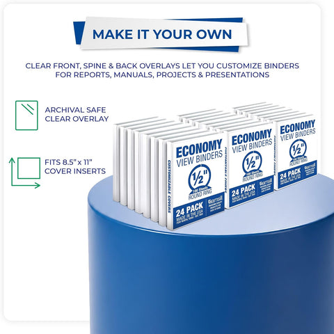 Samsill Economy 0.5 Inch 3 Ring Binder Bulk Pallet, Round Ring Binder, Customizable Clear View Cover, White, Pallet of 768 Binders in 32 Cartons
