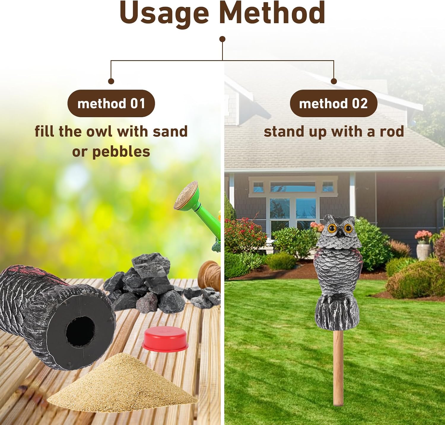 Owl Decoys to Scare Birds Away, 2 Pack BobbleHead Fake Owls Plastic Scarecrow Bird Deterrent, Nature Enemy Scarecrow Plastic Owl Statues, Garden Decor Statues for outside, Patio, Lawn, Yard Decoration