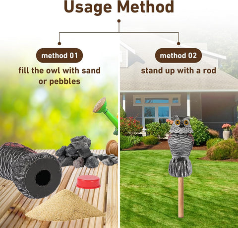 Owl Decoys to Scare Birds Away, 2 Pack BobbleHead Fake Owls Plastic Scarecrow Bird Deterrent, Nature Enemy Scarecrow Plastic Owl Statues, Garden Decor Statues for outside, Patio, Lawn, Yard Decoration