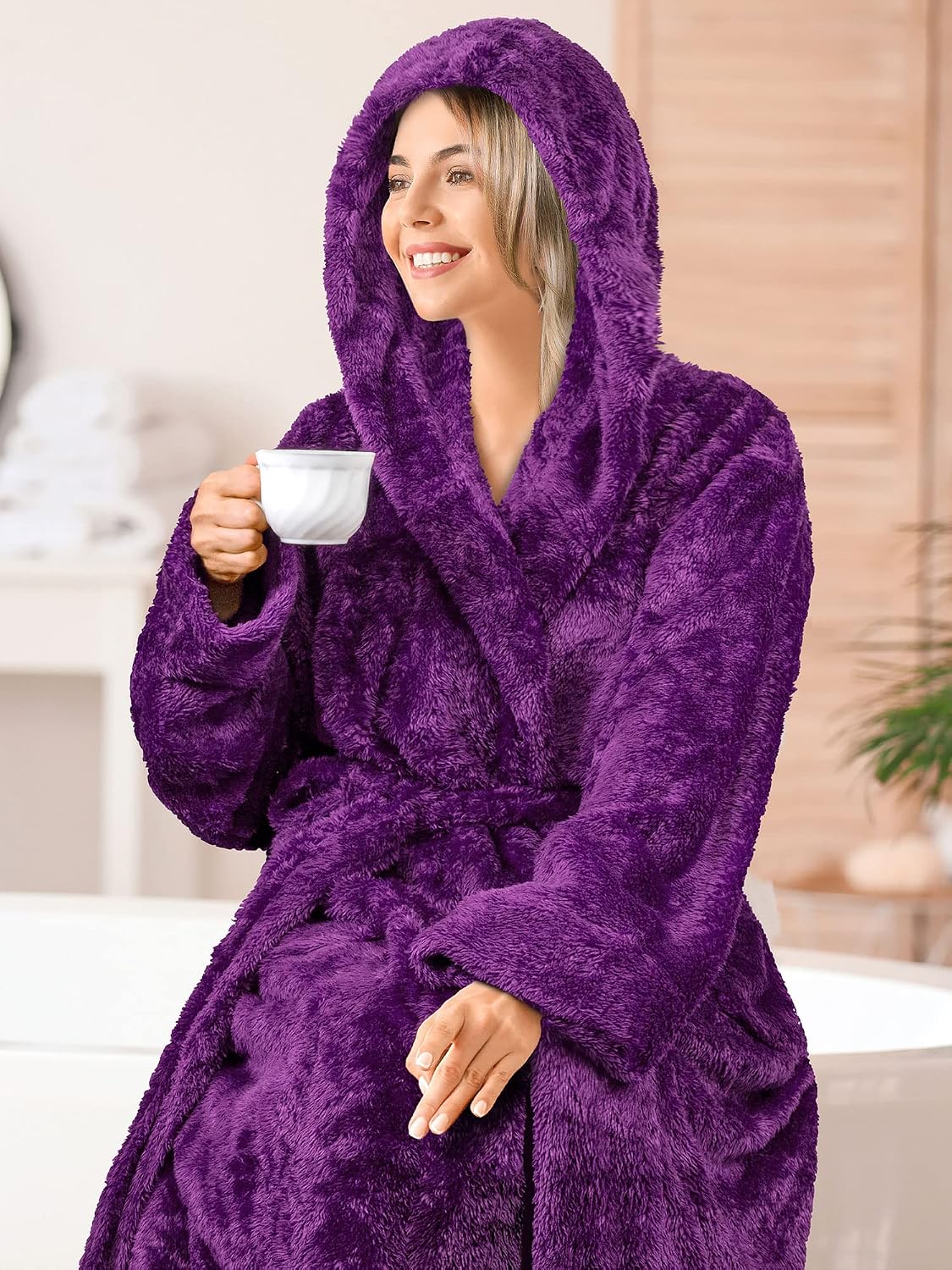 PAVILIA Womens Hooded Sherpa Fleece Robe, Long Plush Bathrobe Spa Housecoat