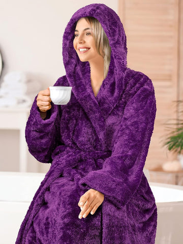 PAVILIA Womens Hooded Sherpa Fleece Robe, Long Plush Bathrobe Spa Housecoat