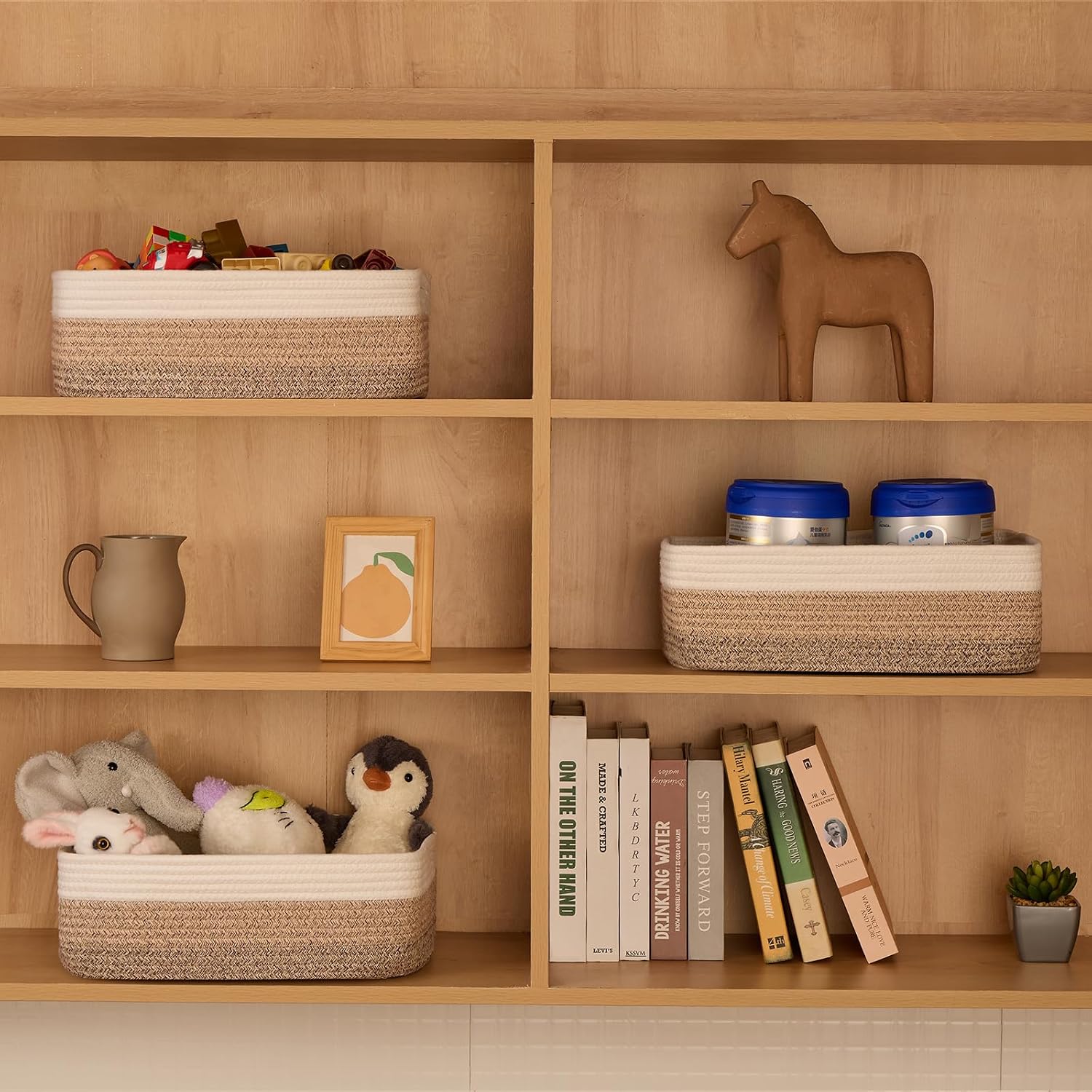 MiniArk Large Shallow Organizing Baskets 15x11x5.1 Inches - Rope Woven Storage Bins for Bathroom, Shelves, Cube Closet, Gradient Brown 2 Packs