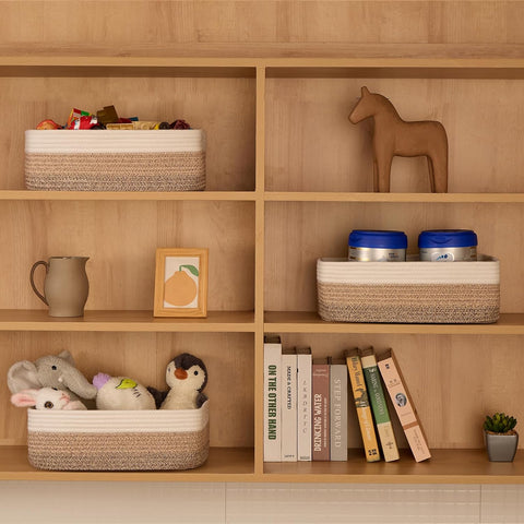 MiniArk Large Shallow Organizing Baskets 15x11x5.1 Inches - Rope Woven Storage Bins for Bathroom, Shelves, Cube Closet, Gradient Brown 2 Packs