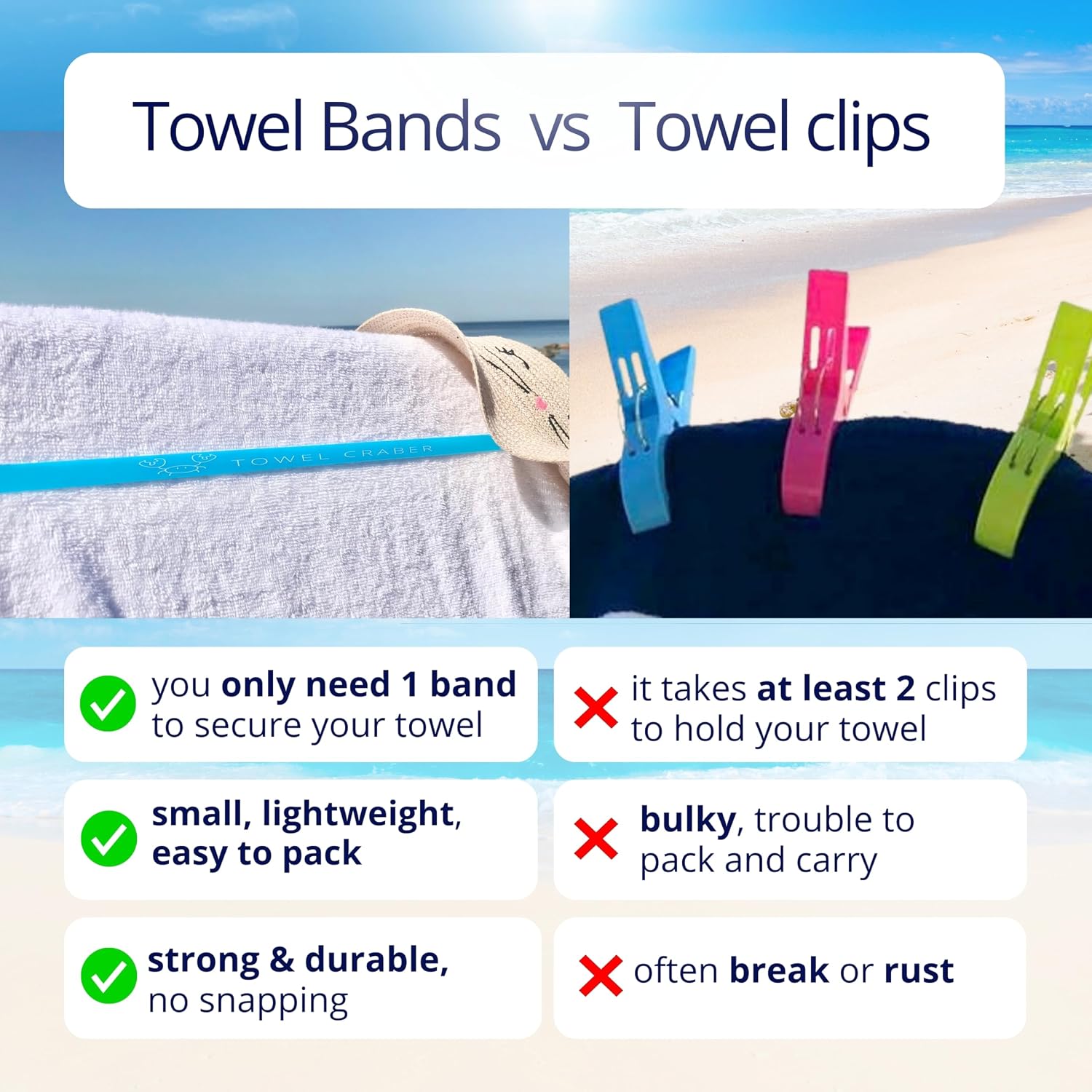TOWEL CRABBER Towel Bands (6-Pack), Beach Pool & Cruise Chairs, Extra Durable, Cruise Ship & Beach Essentials, Alternative to Beach Towel Clips (3 Regular + 3 Glow in The Dark)