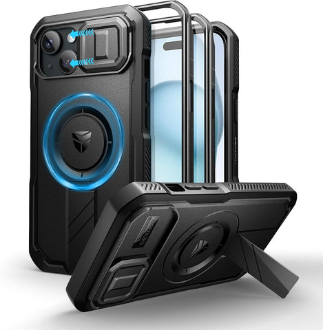Dexnor for iPhone 15 Case with Slide Camera Cover & Adjustable Kickstand & Built-in Screen Protector, Magnetic Rugged Shockproof Bumper Cases Heavy-Duty Magnetic Protective Cover,Black