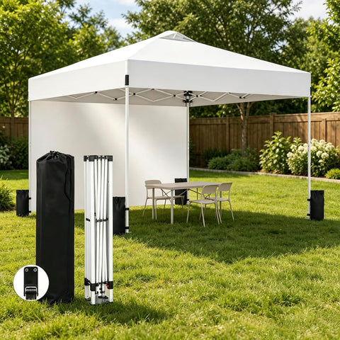 10X10FT Pop Up Gazebo, Adjustable Height Outdoor Canopy Tent with 1 Sidewall, Roller Carrybag, Ground Spikes & Sandbags for Camping, Patio, Backyard, Events, White