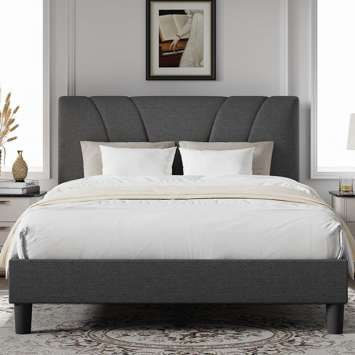 Novilla Queen Size Bed Frame Upholstered Queen Bed Frame with 3-Height Adjustable Headboard, Strong Weight Capacity, No Box Spring Needed, Easy Assembly, Grey