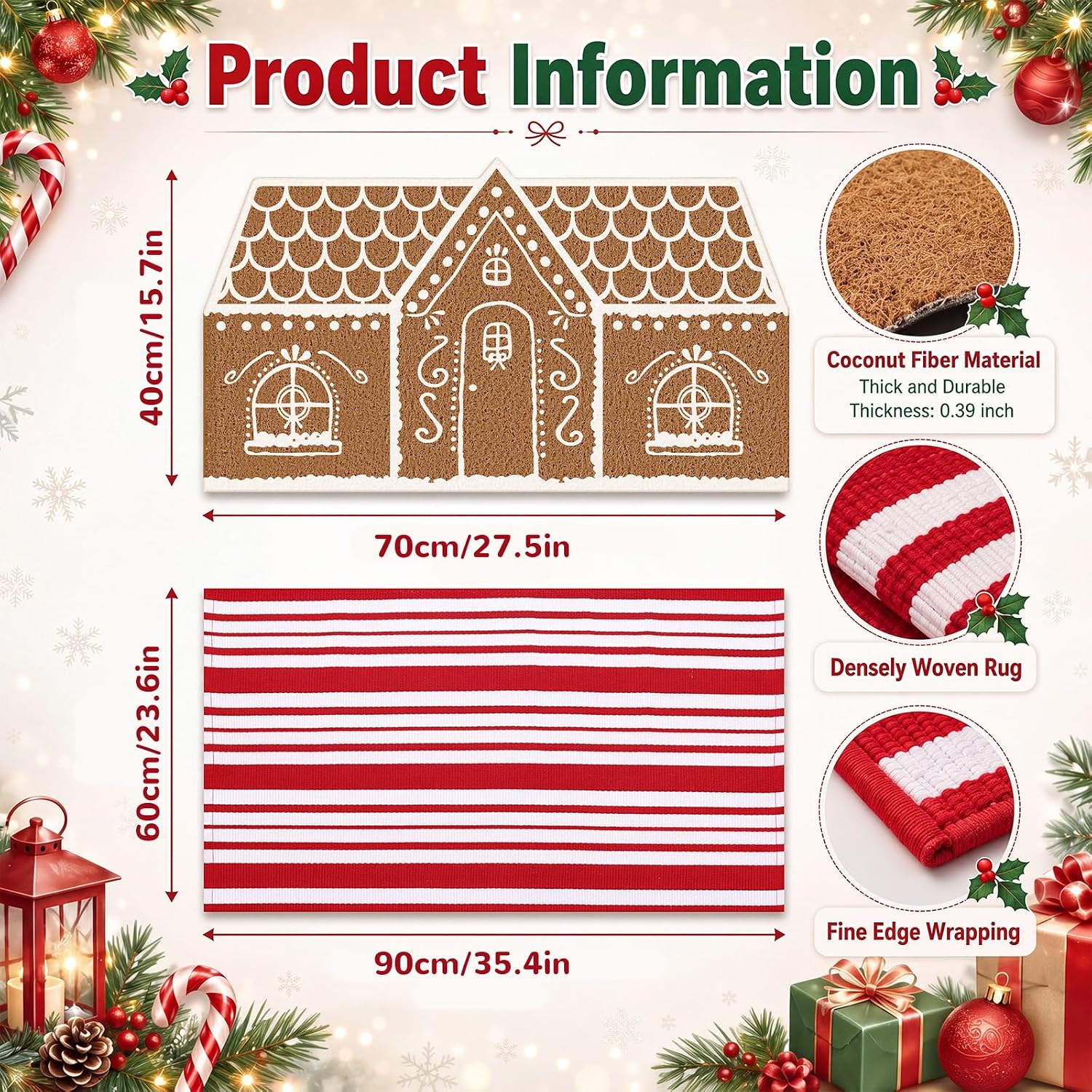 Moucuny 2 Pcs Christmas Doormat Outdoor, Gingerbread House, Non Slip