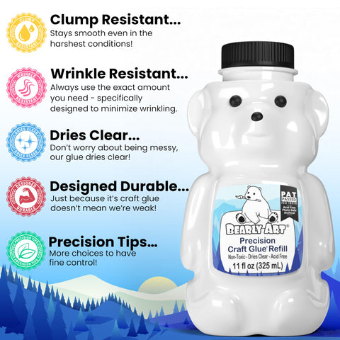 Bearly Art Precision Craft Glue 11fl oz Refill - Archival Acid Free - Dries Clear - Wrinkle Resistant - Flexible and Crack Resistant - Strong Hold Designed Tough - Made in USA