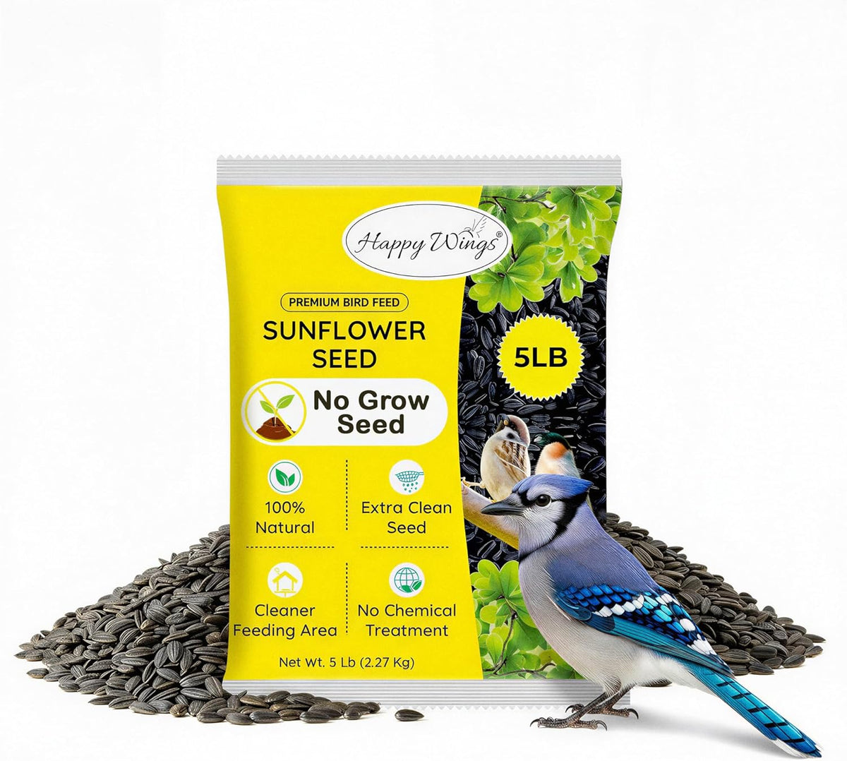Happy Wings 5 LB Black Oil Sunflower Seeds Bird Food, No Waste Bird Seed