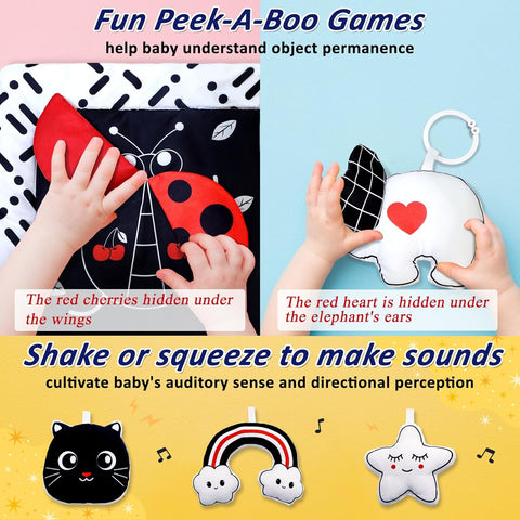 Poycuna Black and White Baby Gym Play Mat with 6 Toys Tummy Time Activity Mat for Babies 0-6 6-12 Months High Contrast Baby Gyms & Playmats Sensory Toys Newborn Brain Development Infant Play Mat