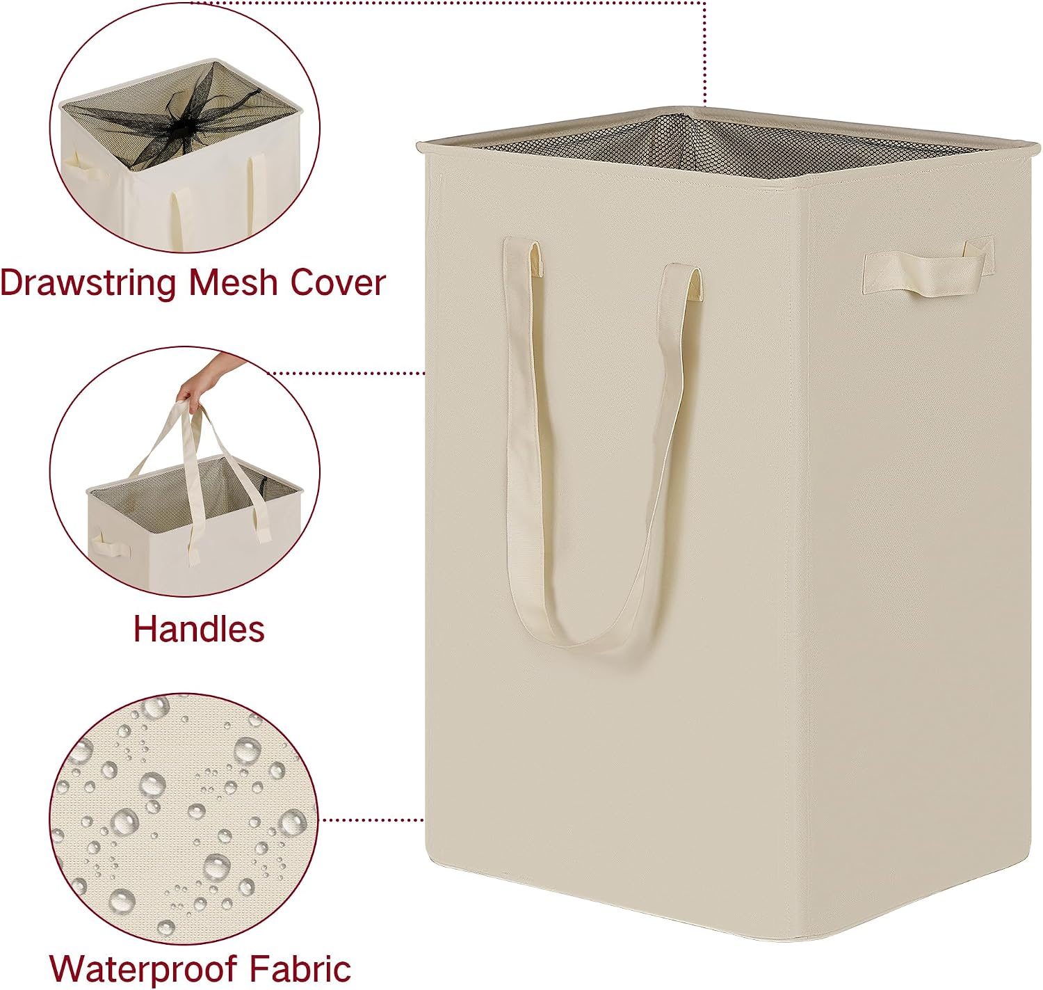 efluky Slim Laundry Basket, Narrow Laundry Hamper with Handles, Collapsible Dirty Clothes Hamper, Tall Laundry Bin for Laundry Room, Dorm and Bedroom, 90L Beige