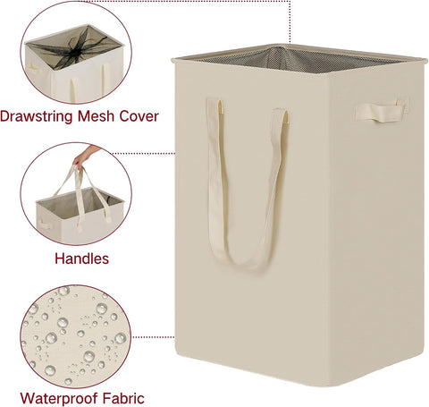 efluky Slim Laundry Basket, Narrow Laundry Hamper with Handles, Collapsible Dirty Clothes Hamper, Tall Laundry Bin for Laundry Room, Dorm and Bedroom, 90L Beige