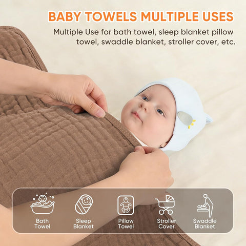 MIGIOL Muslin Hooded Baby Towels 100% Cotton ，Super Soft Muslin Baby Bath Towel - 32 x 32 Inches, Suitable for Newborn and Young Children up to 3 Years Old. (Beige & Coffee)