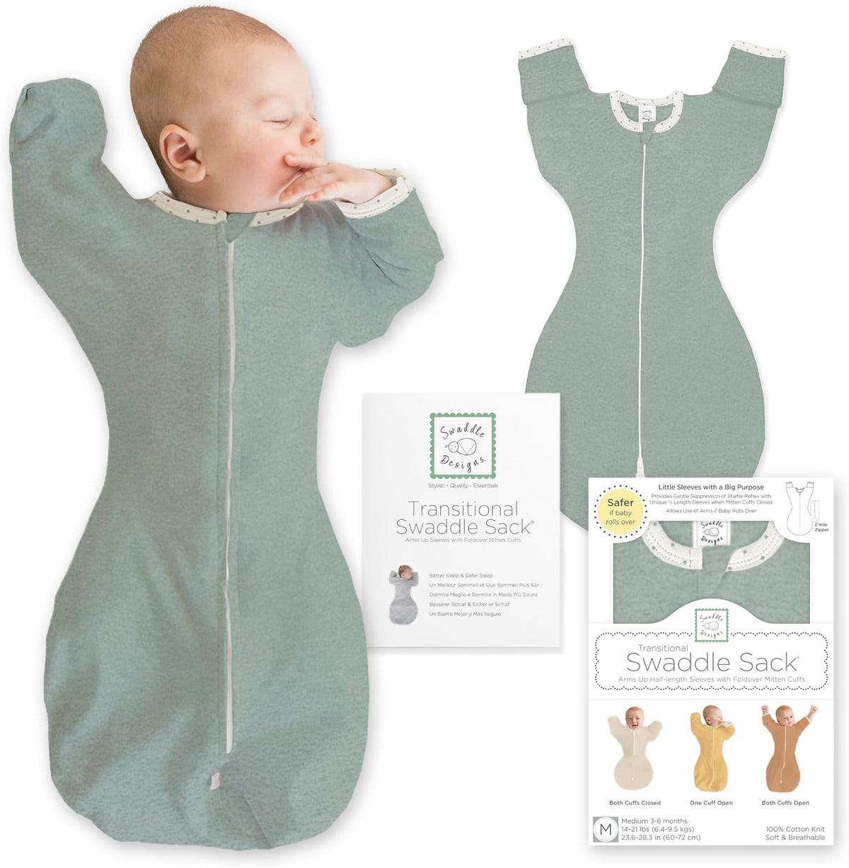 SwaddleDesigns Transitional Swaddle Sack, Cotton, Heathered Jadeite, 3-6mo