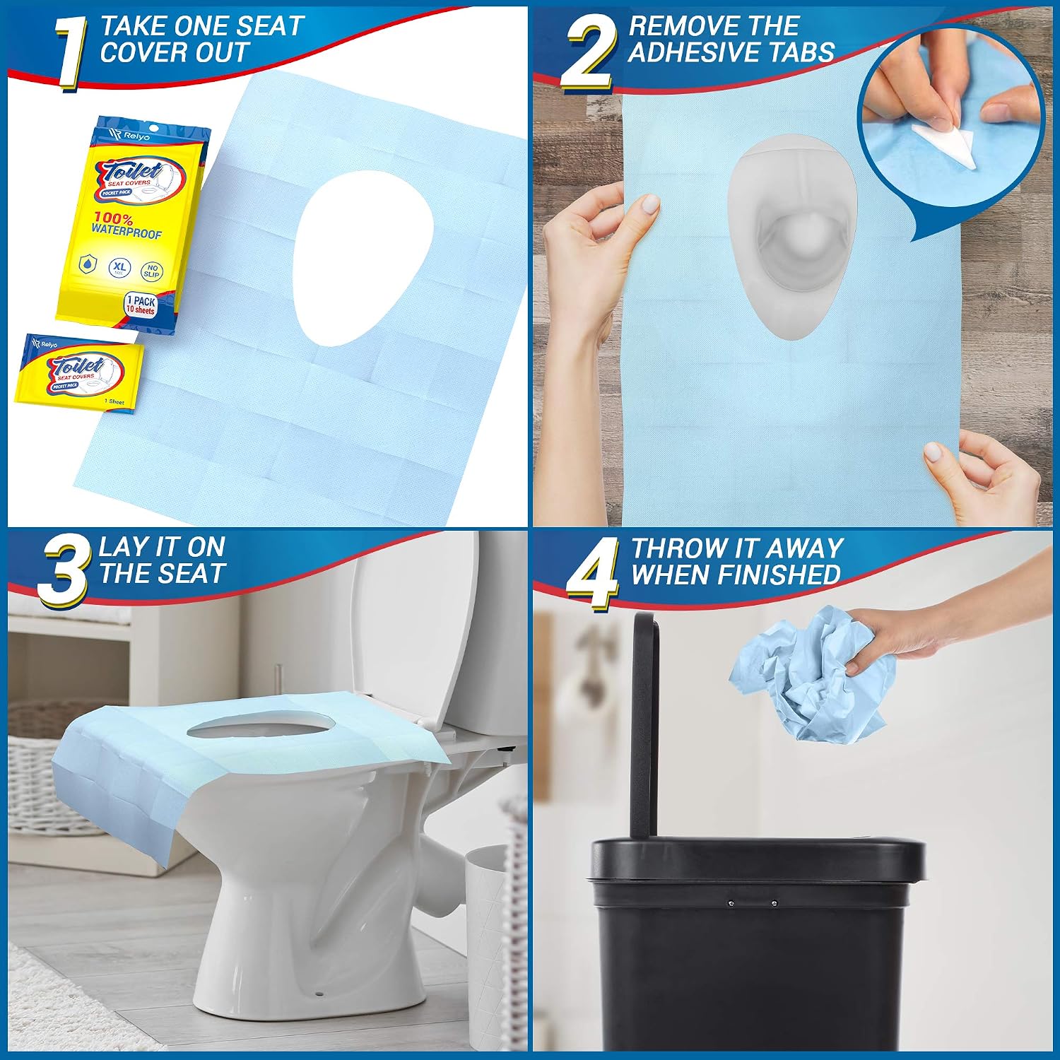 Relyo 20 Pack XL Disposable Toilet Seat Covers – Waterproof Toilet Cover Sheets with Adhesive Tabs for Adults, Kids & Toddlers, Travel, Public Restrooms, Airplane, Camping