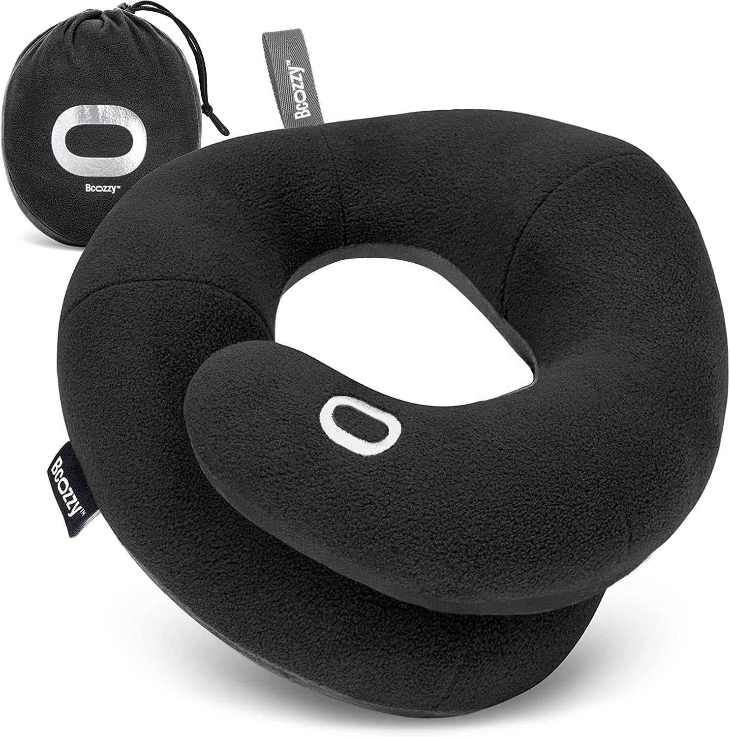 BCOZZY Travel Neck Pillow for Airplane - Patented Head, Neck & Chin Support. Soft, Adjustable Pillow for Comfortable Resting on Long Flights, Car Rides & Recliners. Washable, Carry Bag, Large, Black