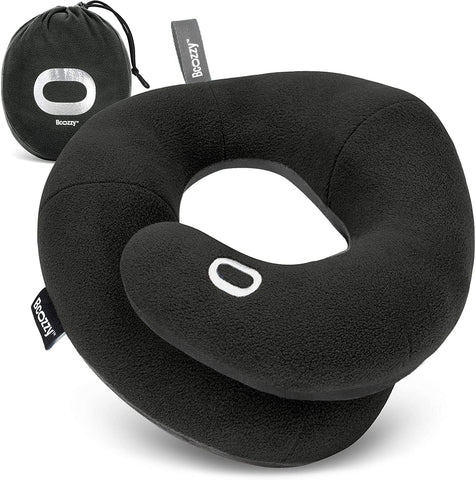 BCOZZY Travel Neck Pillow for Airplane - Patented Head, Neck & Chin Support. Soft, Adjustable Pillow for Comfortable Resting on Long Flights, Car Rides & Recliners. Washable, Carry Bag, Large, Black
