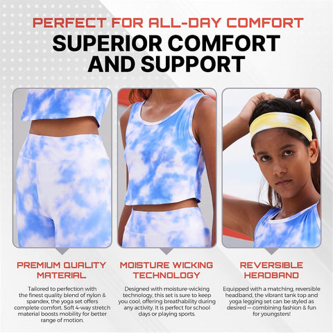 Girls Athletic Leggings Yoga Pants w/Sleeveless Crop Tank Tops for Kids Workout Cheer Dance Run Sizes 3-16, 5pc Set