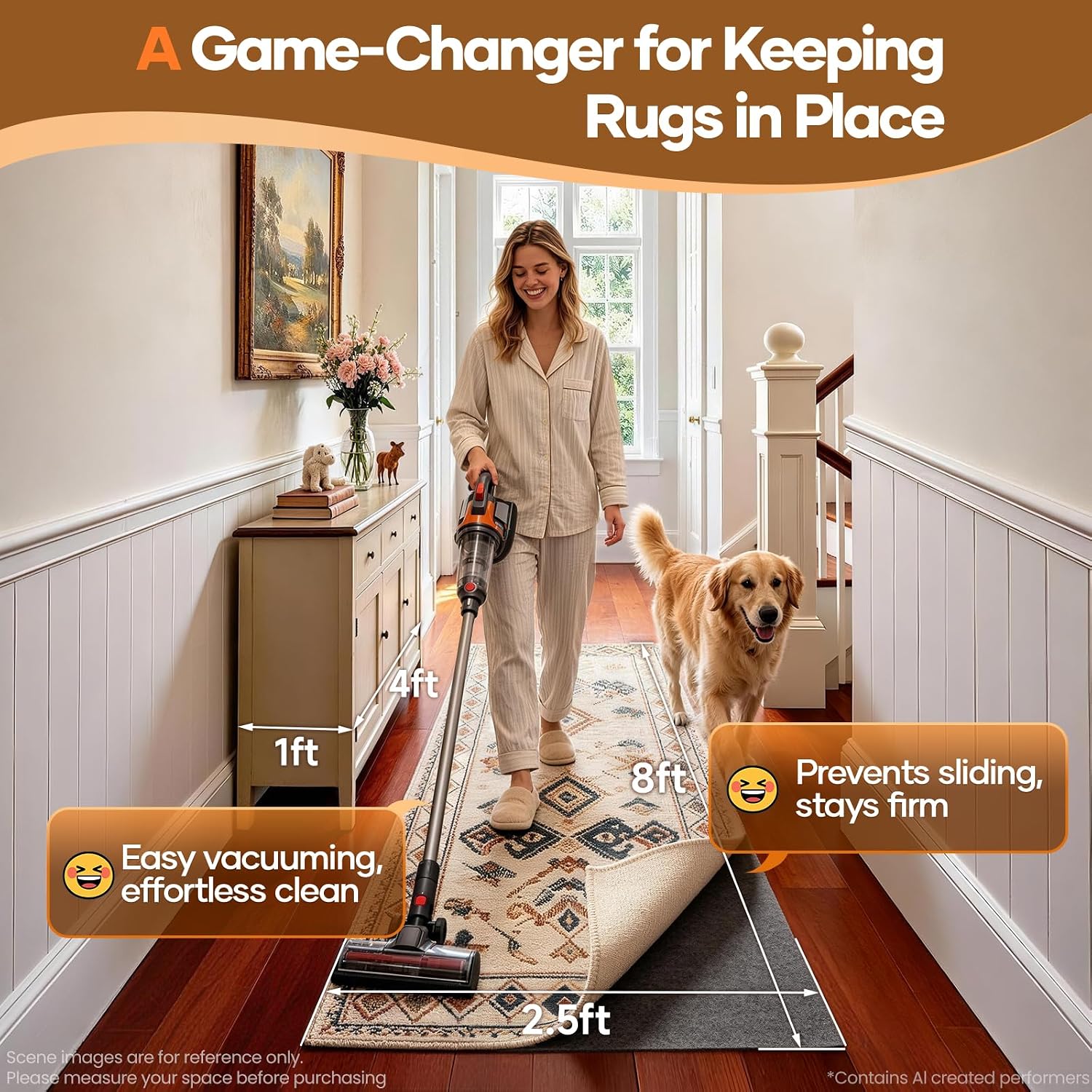 Veken Non Slip Cushioned Rug Pad Gripper, Felt and Silicone Backing, 2.5 x 8 Ft, 1/8" Thick Runner Carpet Liner Protector Mat for Area Rugs and Hardwood Floors, with 99 Pcs Anti-Slip Strips Pattern