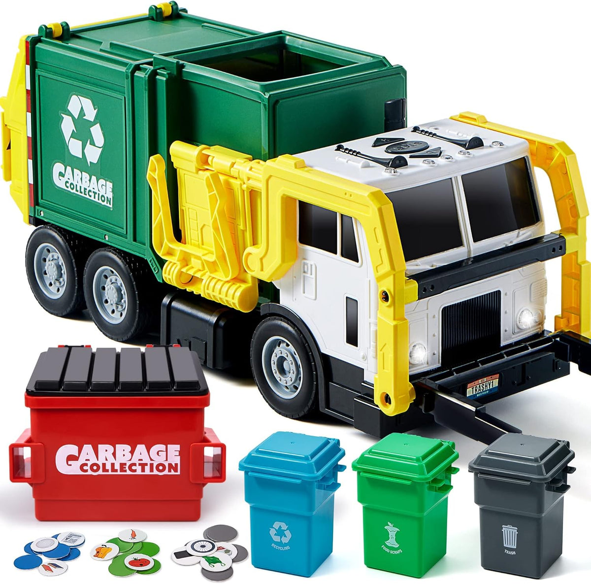JOYIN Large Friction Powered Garbage Truck Toy Set, Includes 1 Dumpster, 3 Trash Bins, and 30 Learning Cards for Kids, Boy Toys Birthday Gift, Green